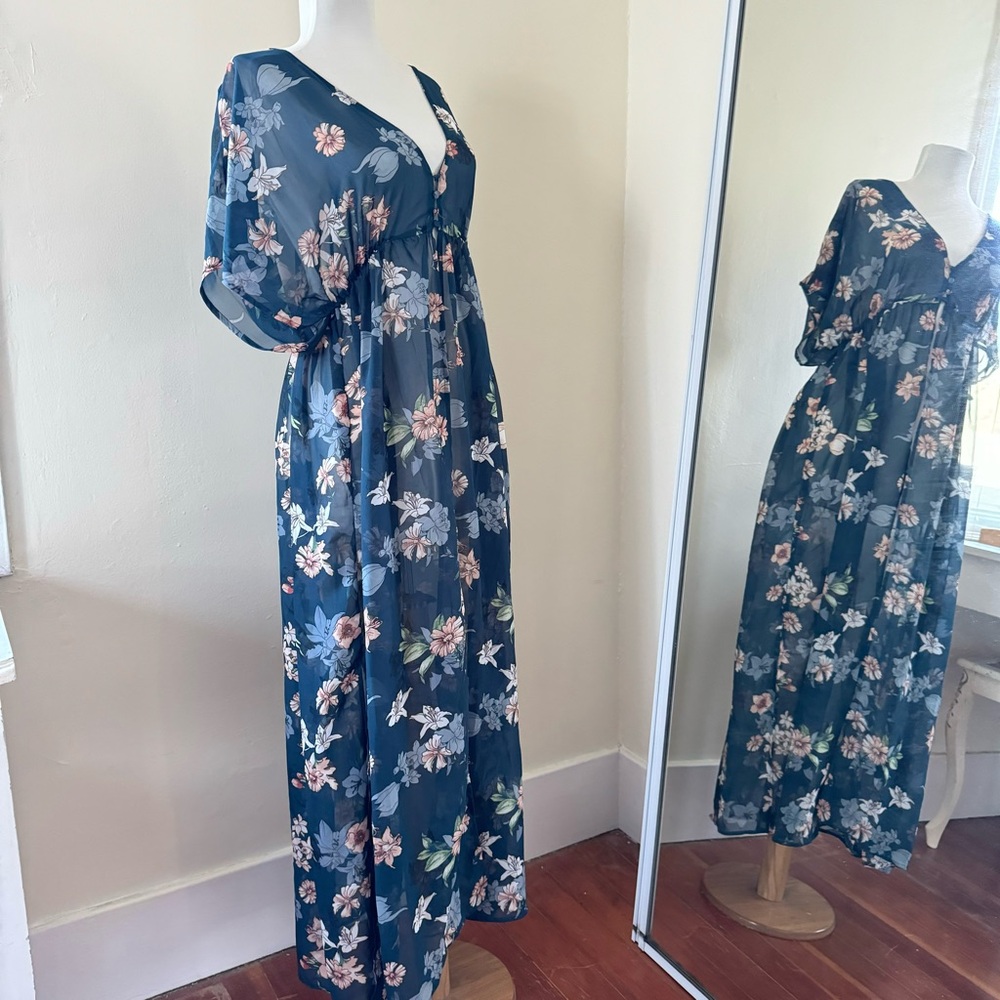 Revamped Teal and Pink Floral Print Empire Waist Maxi Duster